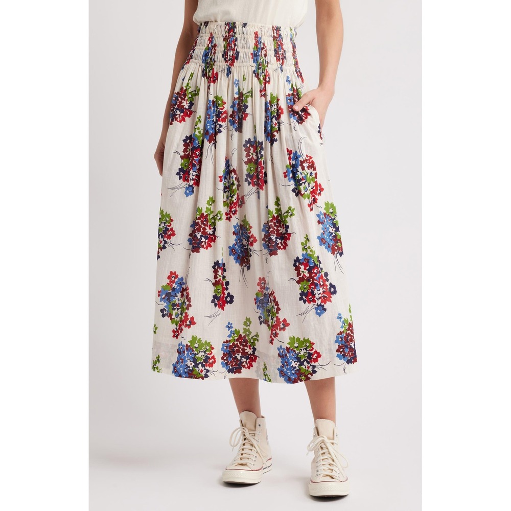 The Great Floral Cotton Midi Skirt Smocked High Waist Pockets Cream Size 0